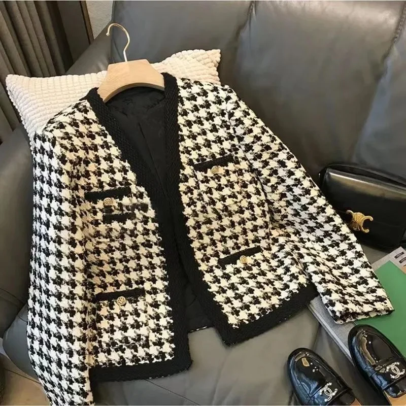 

Women Jacket French Tweed Small Suit Coat Autumn Winter Women's Clothing Houndstooth Small Fragrance Coat Female Tops Outerwear