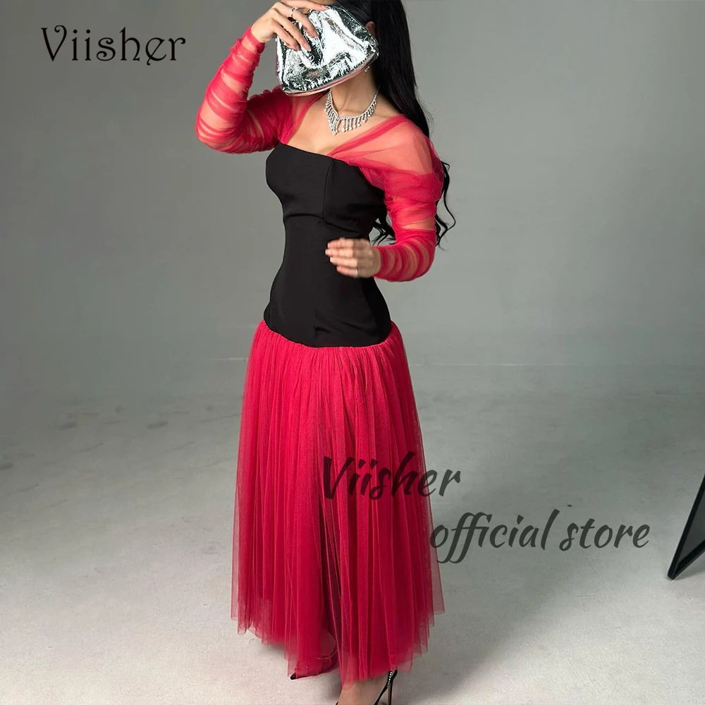 

Viisher Black Fuchsia Mermaid Eveing Dresses Long Sleeve Square Neck Prom Dress with Slit Arabian Formal Occasion Gown