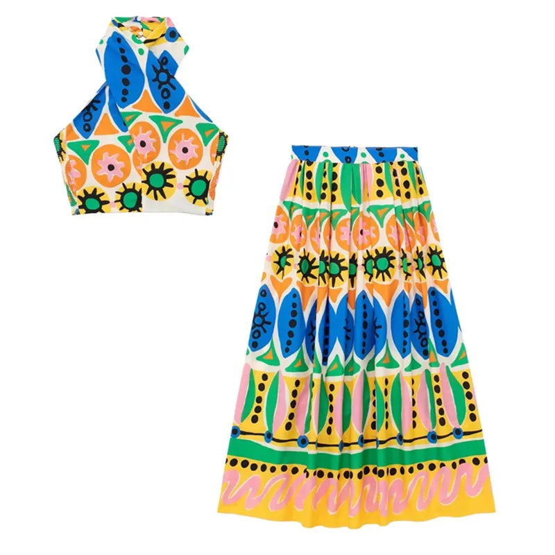 TRAF-Falda larga plisada con estampado para mujer, falda de cintura alta, ropa de calle fruncida, conjuntos de falda Midi para playa, moda de