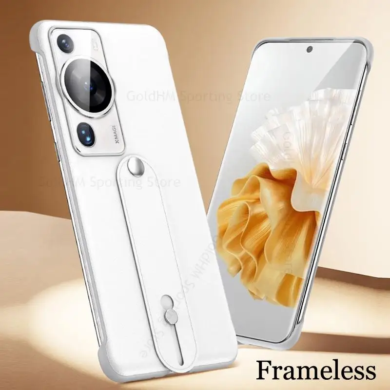 

Capa For Huawei P60 Pro Skin Feel Leather Frameless Phone Case For Huawei Mate 50 Pro Borderless Wrist Strap Holder Stand Cover