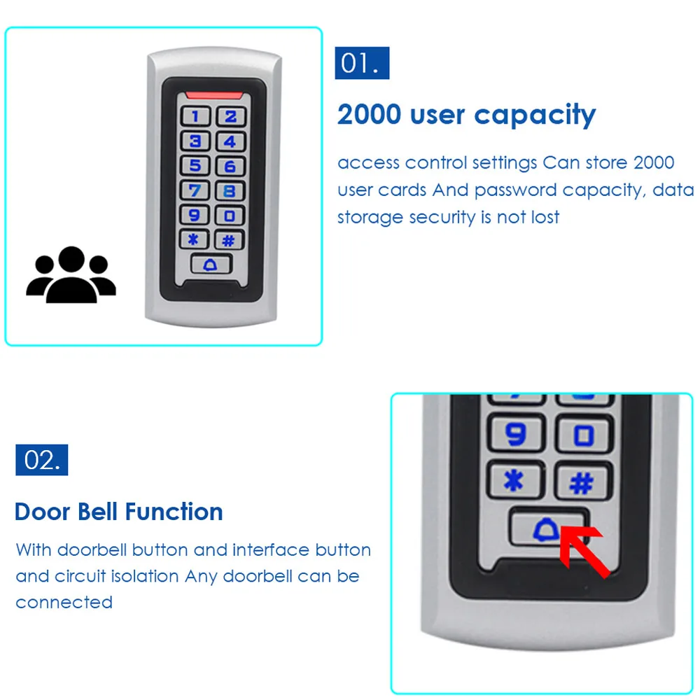 Metal RFID Keyboard Access Control Keypad Zinc Alloy standalone 2000 users LED Backlight Card Reader + 10 Key Fobs