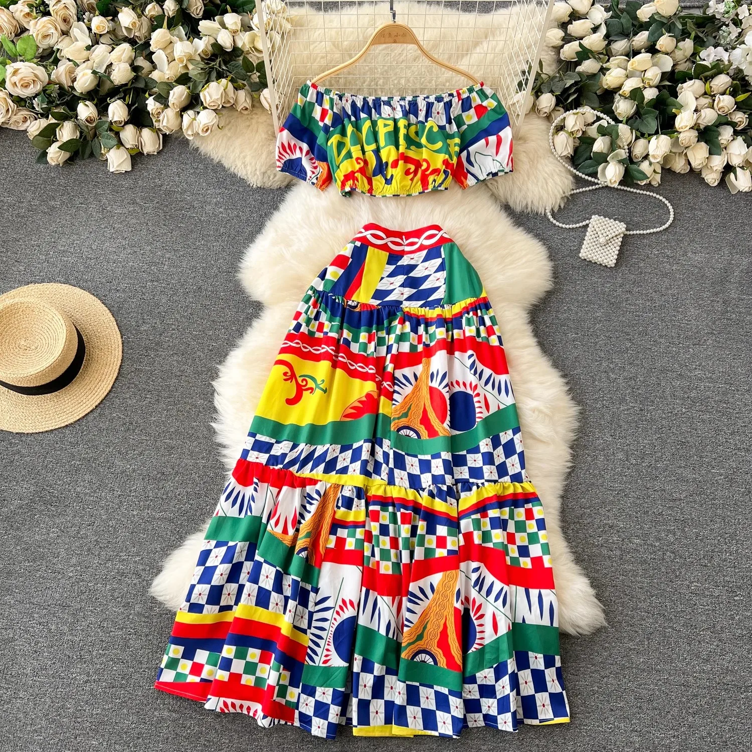 Runway Holiday Two-piece Set For Women Summer Sexy Colorblock Print Crop Tops A Line Maxi Long Skirts Suits Beach Outfits