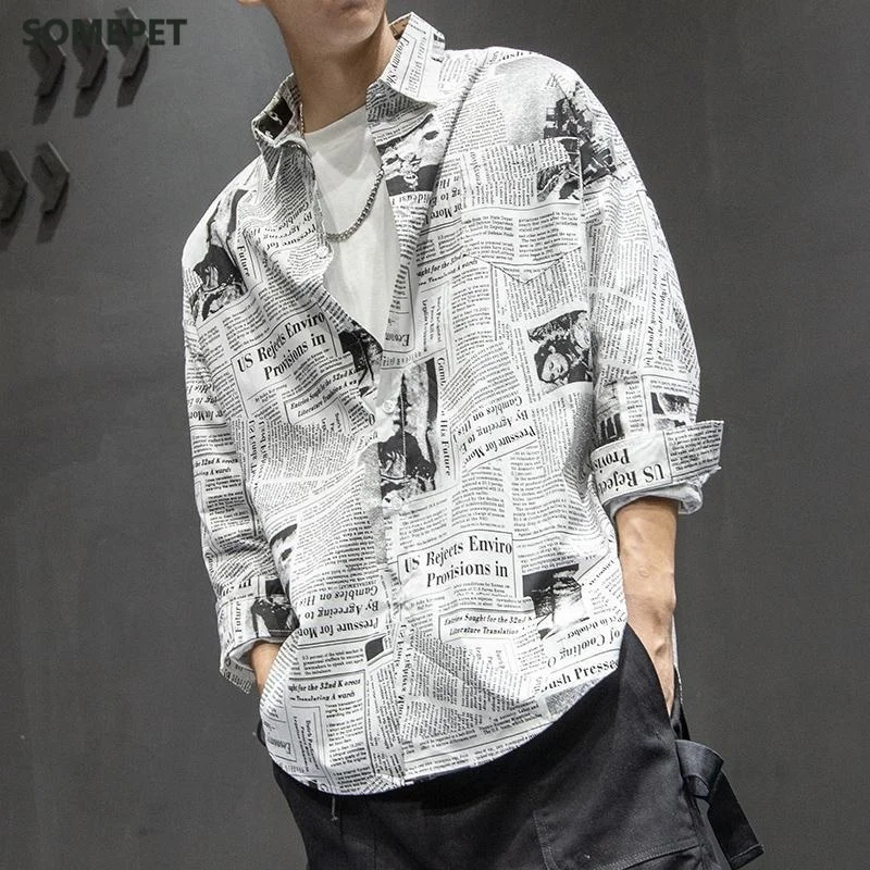 

Japanese Men's Shirt Retro Newspaper Printed Hawaiian Korean Fashion Summer Thin Cardigan Chic Long Sleeve Floral Shirt Camisa
