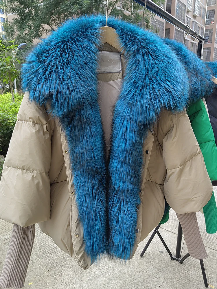 Female Large Fox Fur Collar Outerwear Thick Warm Fur Real Fur Coat Winter Jacket Women White Duck Down Jackets Hooded