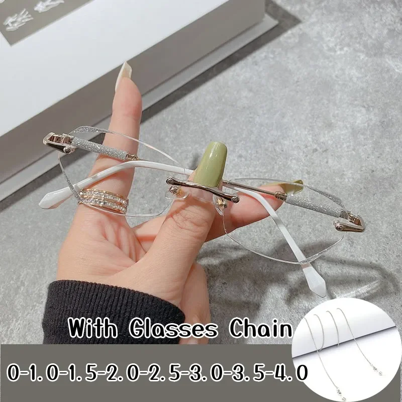

Rimless Finished Myopia Glasses with Chain Women Men Luxury Diamond Cut Eyeglasses Blue Light Blocking Eyewear Glasses Chain
