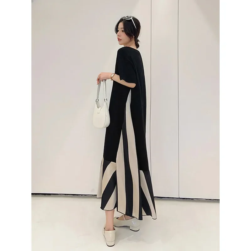 

2024 Summer New Korea Dresses For Women Vestidos Robe Elbise Loose Plus Size Patchwork Silk Velvet Stripe Long Dress