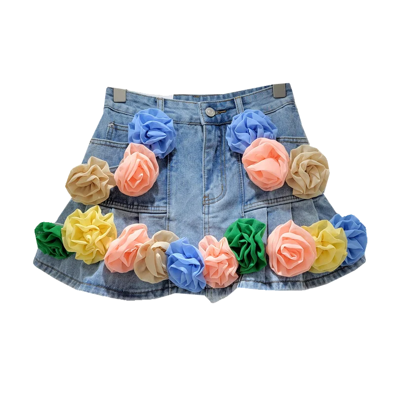 Sweet 3D Flowers Decoration Jean Shorts Femme 2024 Summer New Korean Style Hem Anti-Exposure Pantskirt Denim Shorts for Women