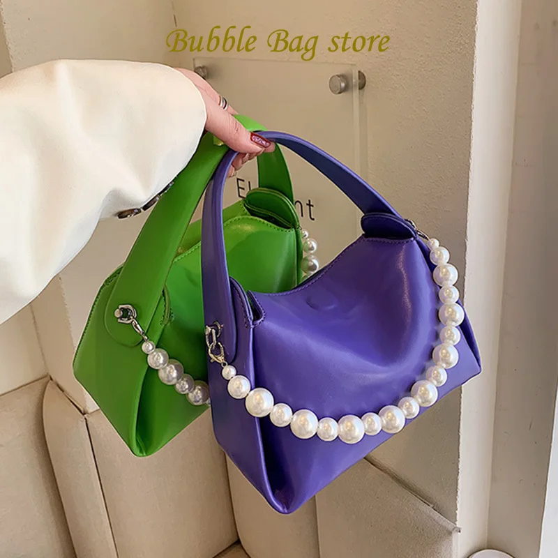 

Women Soft PU Leather Shoulder Bags 2023 Brand Luxury Pink Green Purple Crossbody Bags Pearl Handbags and Purses Evening Clutch