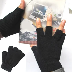 More Style Black Winter Warm Half-finger Gloves Fashion Knitted Men's Fingerless Gloves Computer Gloves Learning Solid Gloves