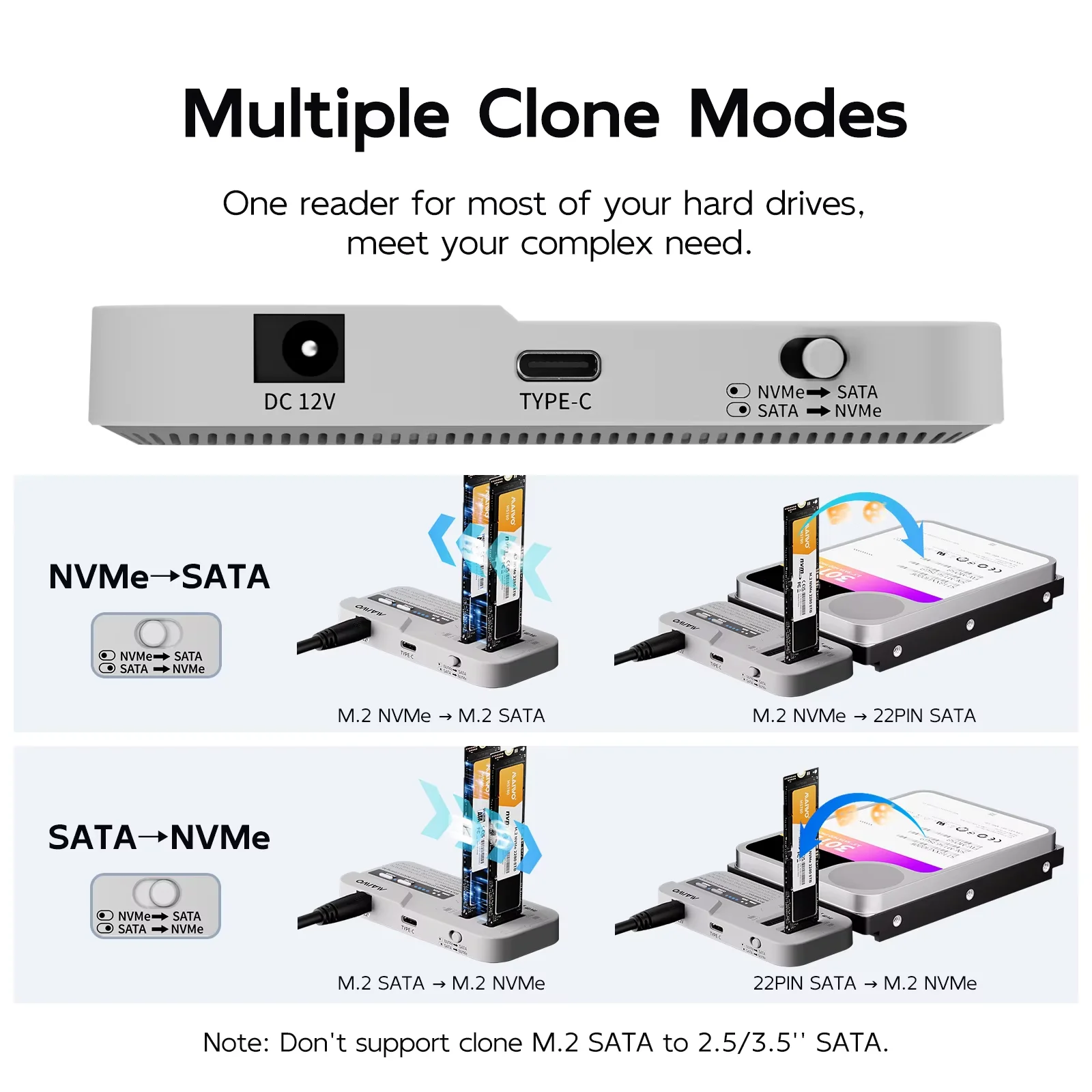 MAIWO 3베이 도킹 스테이션 M.2 NVMe SATA SSD 케이스 & 2.5/3.5인치 SATA HDD 인클로저, 30TB/8TB 지원, 오프라인 복제용 어댑터