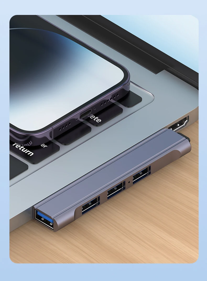 Laptop USB HUB Splitter Aluminum Extender Four Port Side Bending for Laptop PC Office