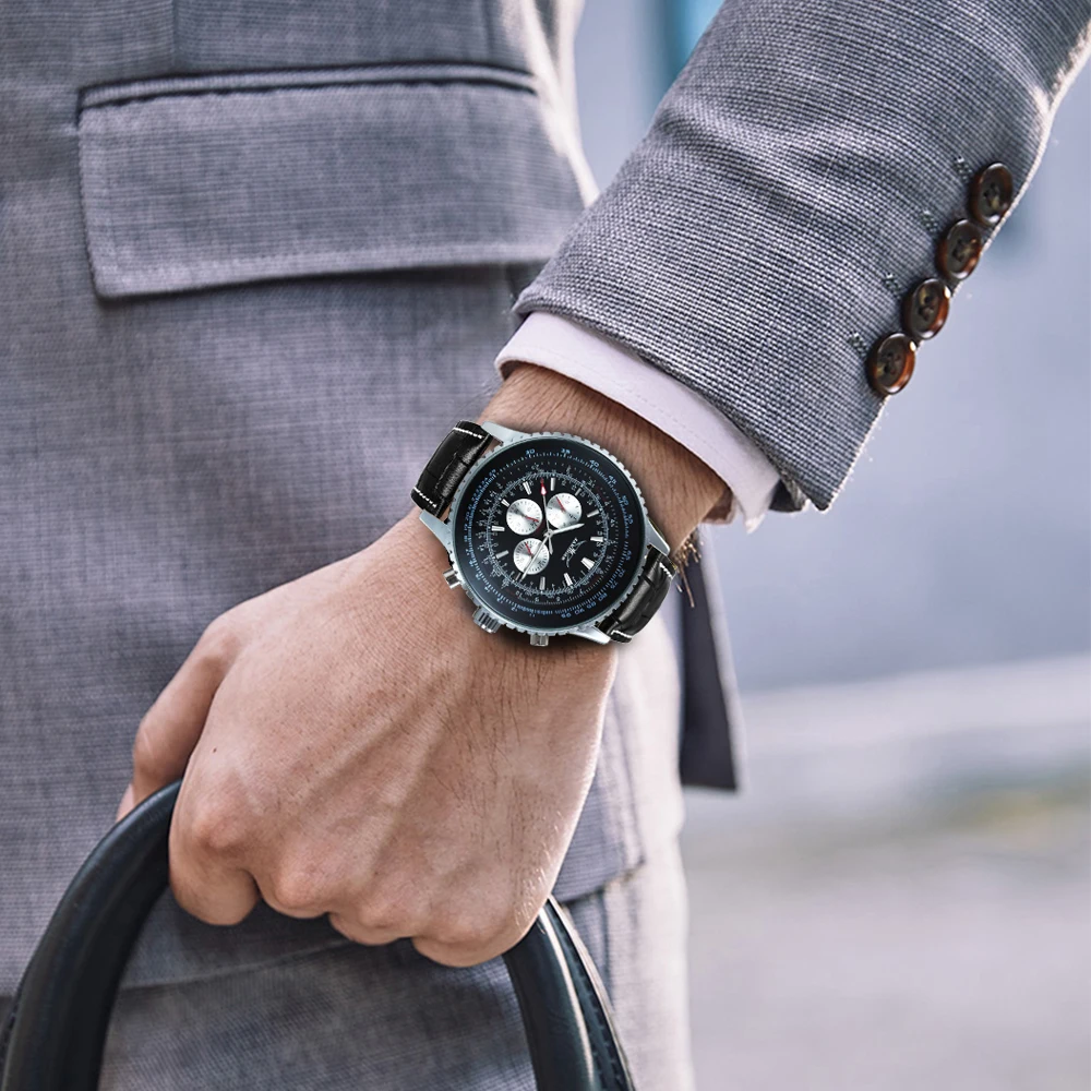 Luxury JARAGAR Pilot Automatic Men's Watch - Multifunction Mechanical Timepiece with Leather Strap