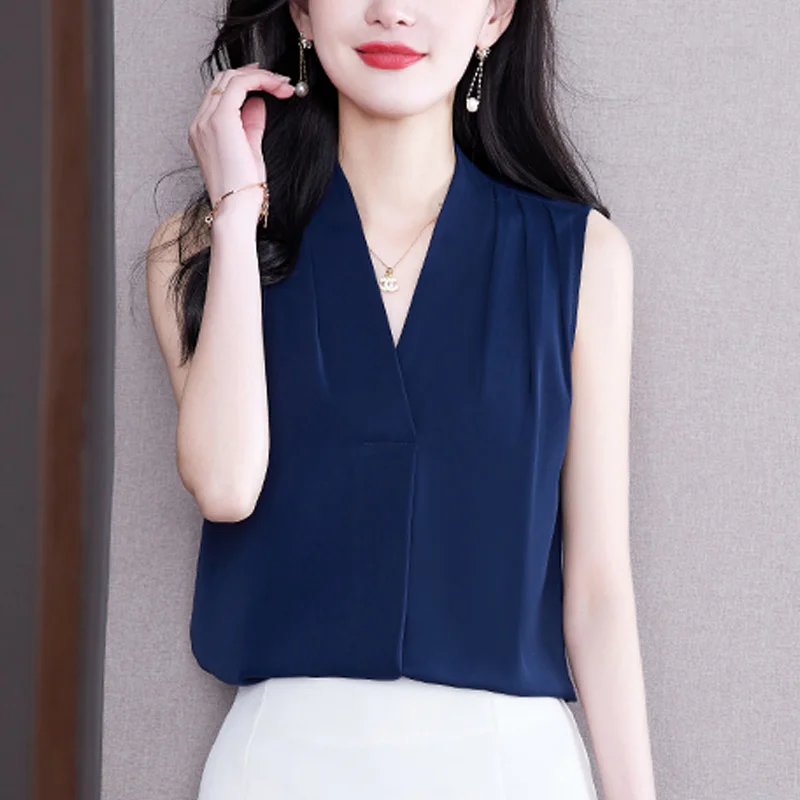 

#1283 Black White Blue Chiffon Tank Top Women V-neck Slim Office Top Female Outwear Sleeveless Tank Tops Slim Elegant Summer