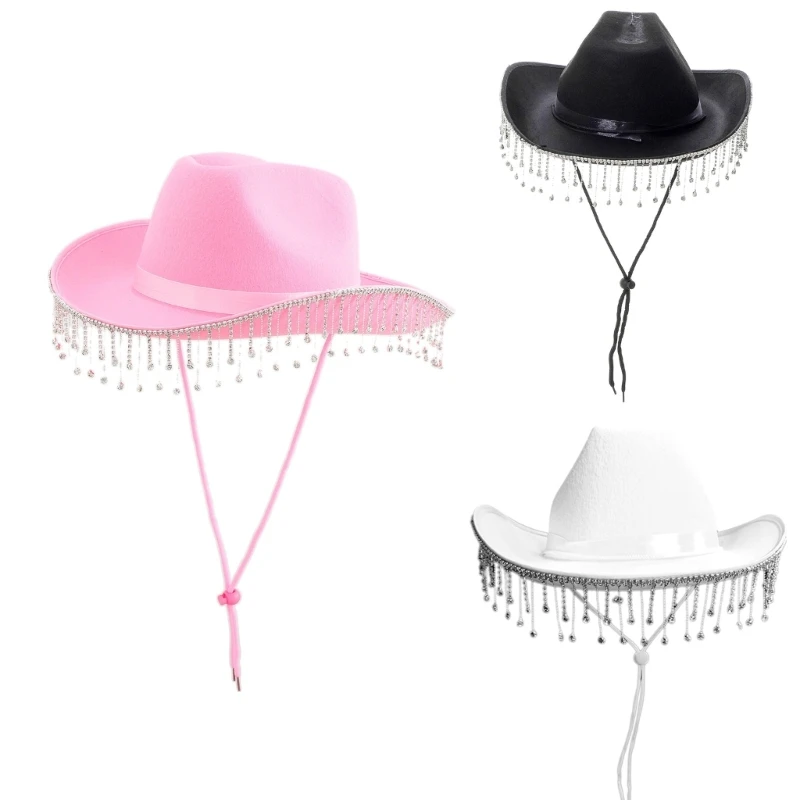 

Wedding Cowboy Hat with Rhinestones Fringe Glitter Bride Cowgirl Hat 58cm/23" Fit for Adults Women Three Color