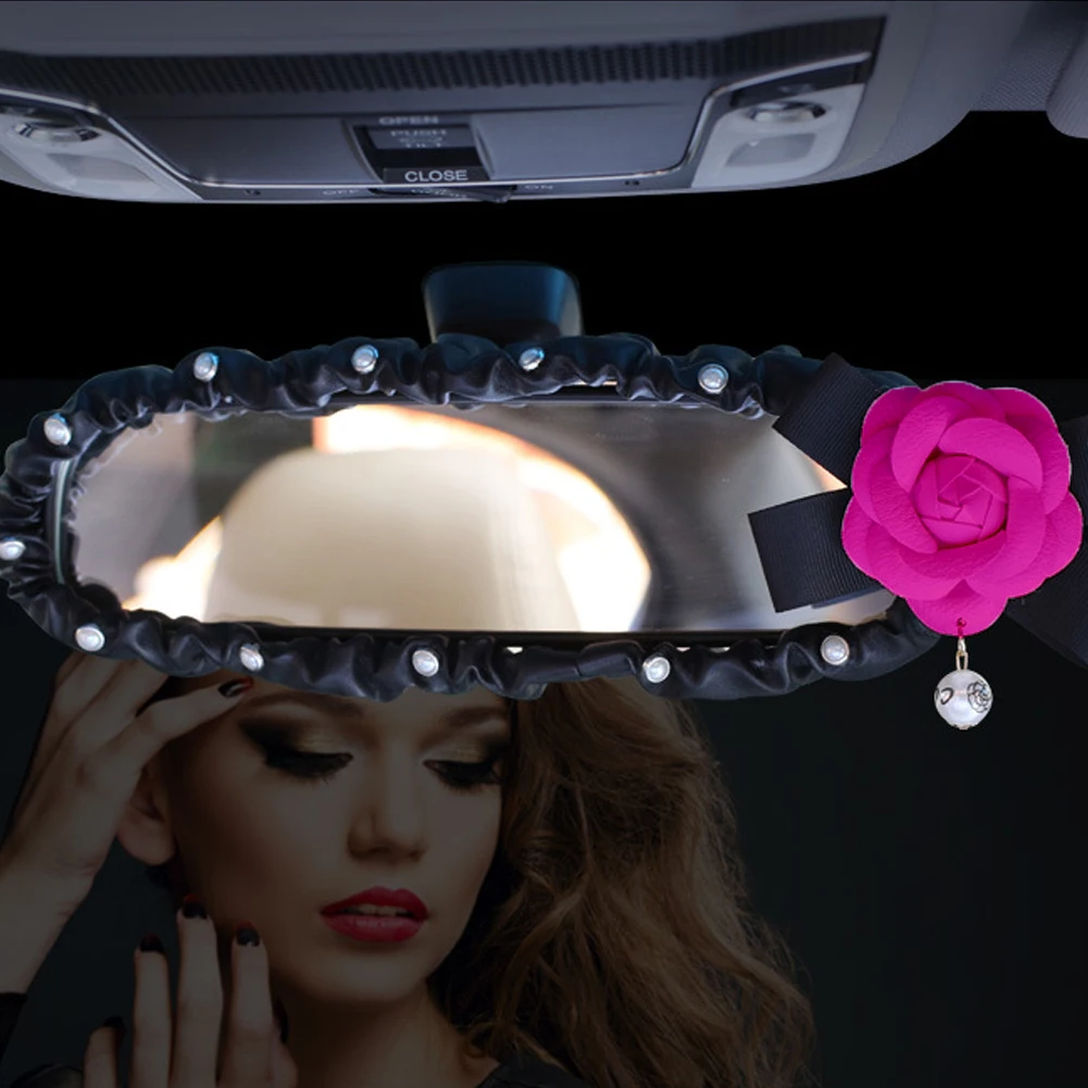 Rearview Mirror Cover PU Leather Auto Rear View Decoration Accessories For Women Girls rearview mirror cover carbon fiber mirror cover