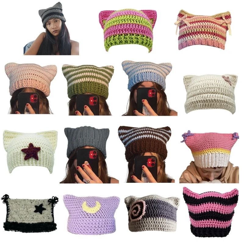 

Handmade Cat Ear Hat Y2K Sweet Girl Beanie Hat Pilling-Resistant Autumn Skull Hat Female Pullover Hat Crochet Hat