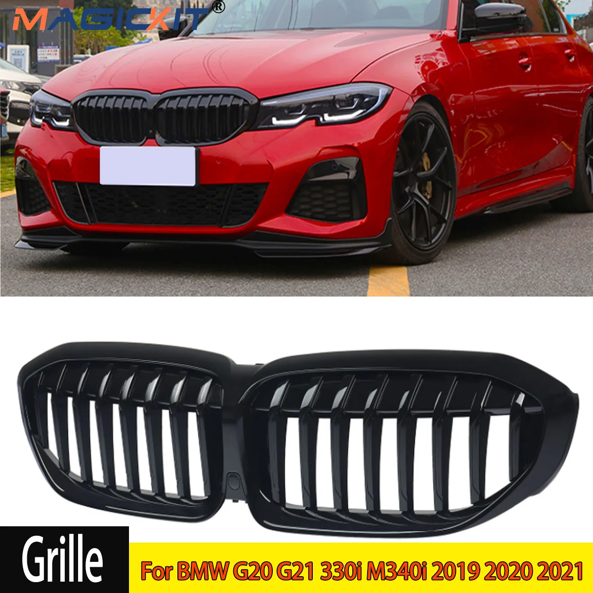 MagicKit FOR BMW 3 SERIES G20 G21 FRONT KIDNEY GRILLE GLOSS BLACK SINGLE BAR