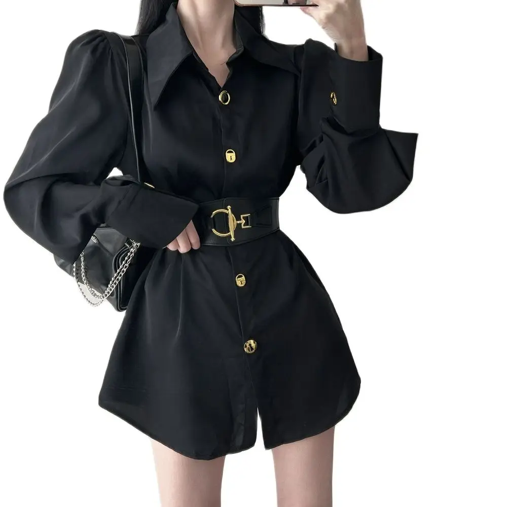 

Женская Весенняя блузка, новинка, рубашка-поло с рукавами-пузырями, черная верхняя одежда высокого качества