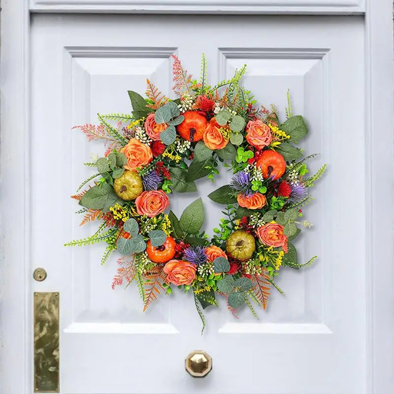 

Thanksgiving Wreath With Decorative Artificial Pumpkin 17.72 Inch Fall For Front Door Ndoor Outdoor Wall Home Decor Handcrafted