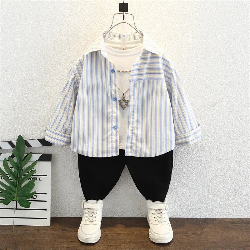 Spring Autumn Boys Shirt Long Sleeve Striped Fashionable Children's Clothing Trendy Streetwear Kids' Tops Chinese Brand AE