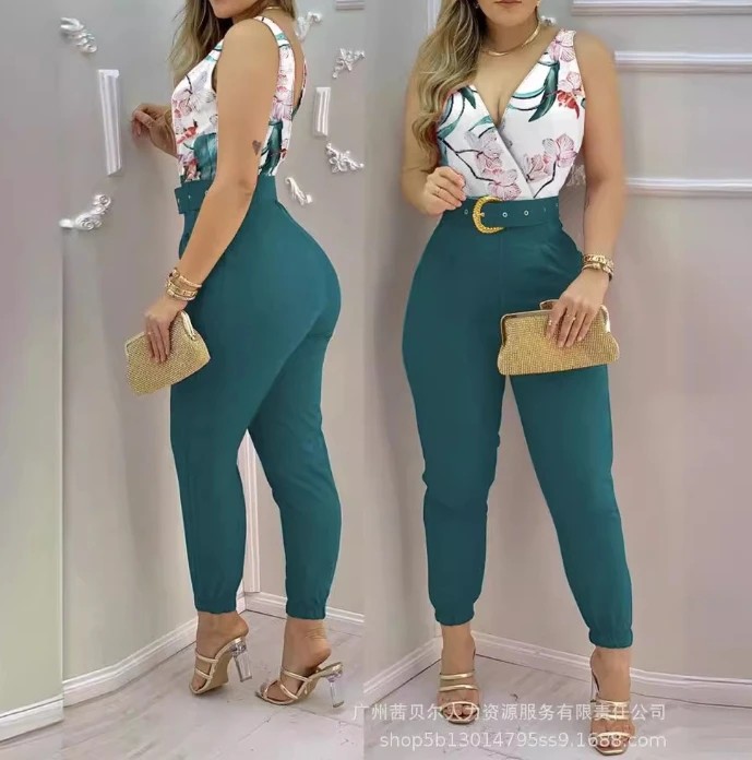 

2024 Women's Contrast Printed V-Neck Slim Fit Casual Belt Jumpsuit