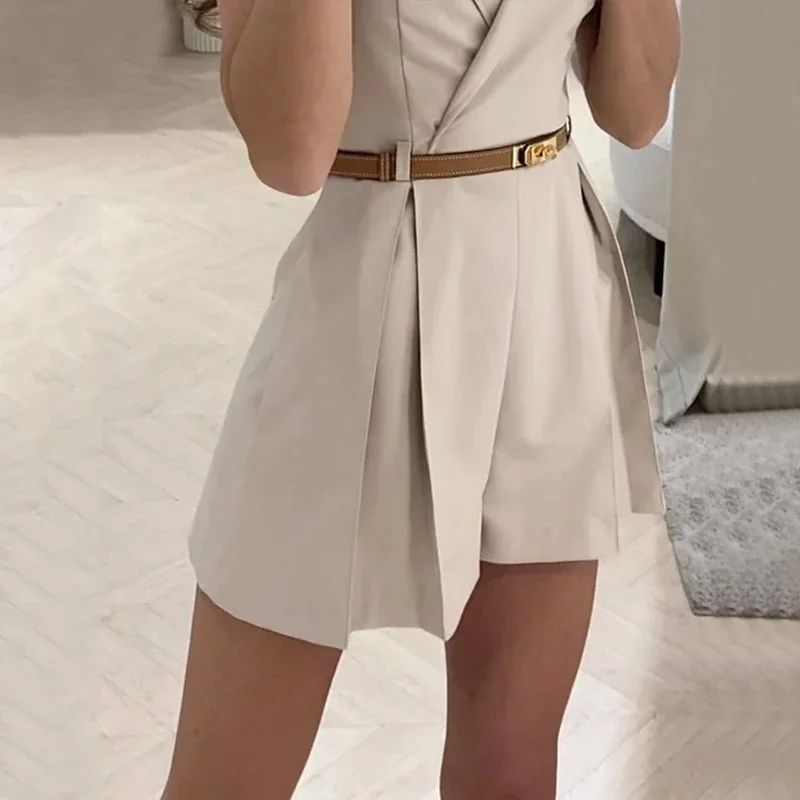 2024New Women Jumpsuit Office Stylish Casual Lapel Sleeveless Solid With Belt Pleated Short Summer Romper Set High Streetwear