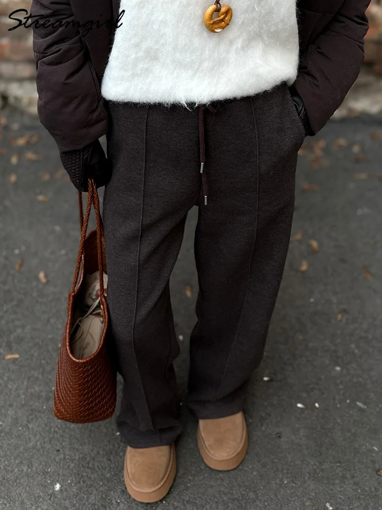 Streamgirl épais chaud pantalon droit pour les femmes bureau marron pantalon à jambes larges taille haute femmes pantalons amples pour dames printemps, pantalons hiver femme