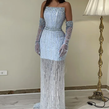 Light Blue Pearls Luxury Dubai Evening Dresses 2023 Elegant Strapless Arabic Women Wedding Party Formal Gowns SCZ139 7