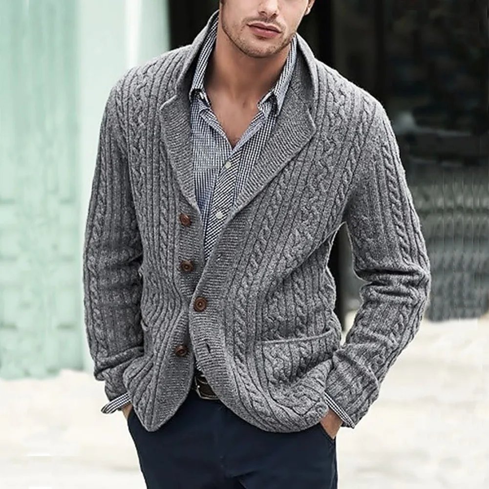 

Men Long Sleeve Single Breasted Pocket Stand Collar Sweater Outwear Office Knitted Coat Jumper Casual Men's Cardigan Sweater