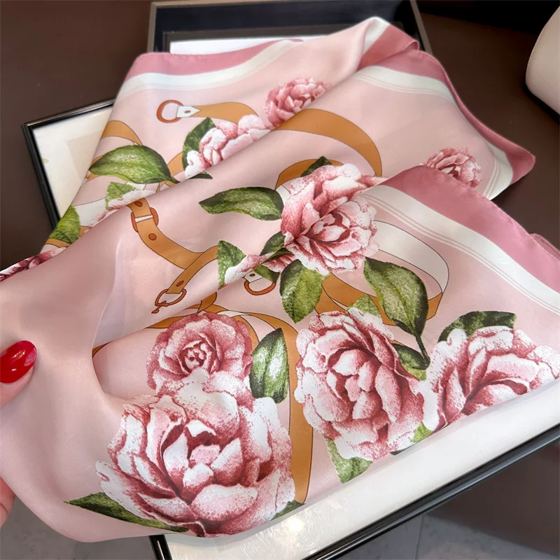 Summer 70cm Hair Print Silk Feeling Scarf For Women Fashion Flowers Neck Tie Hand Bag Foulard Wrist Kerchief Shawl Wraps Hajib