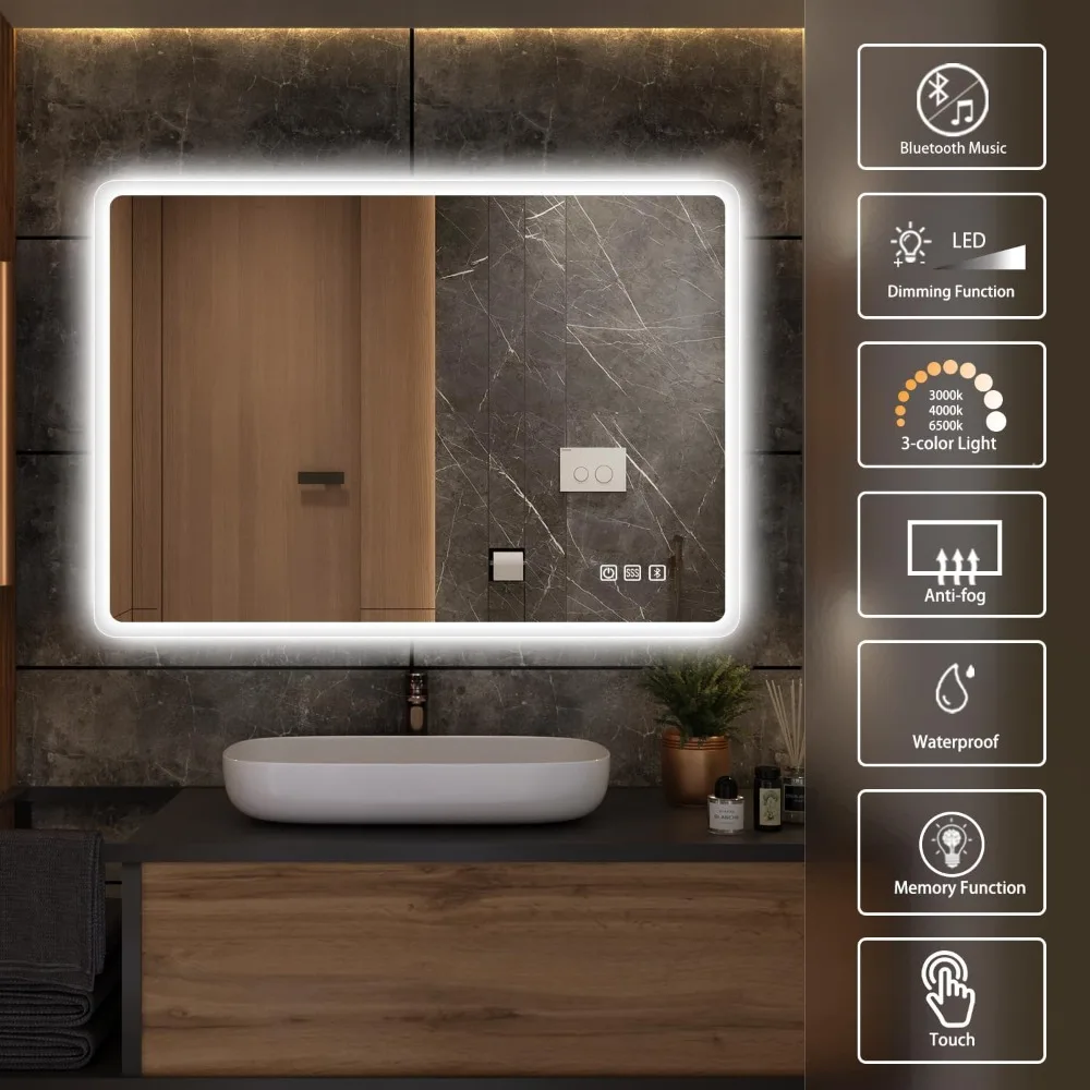 36"x28" LED-Lighted-Bathroom-Mirror, Wall-Mounted-Dimmable-Vanity-Mirror with Bluetooth Speaker, Anti-Fog Waterproof Smart Touch