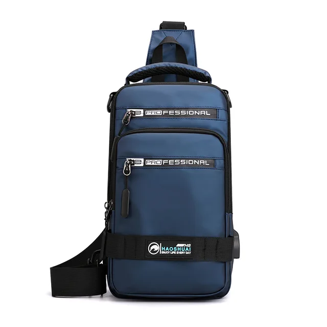 Men Nylon Crossbody Bag with USB Charging Port Multifunction Outdoor Travel Waterproof Daypack Male Casual Messenger Chest Bags Blue E
