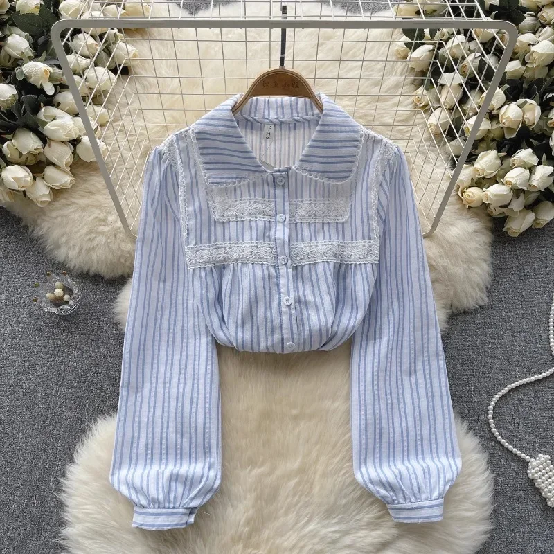 

Chic Blouse Women 2023 Polo-neck Lace Stripe Blusas Casual Korean Fashion Blouses for Woman High-Grade Socialite Style Dropship