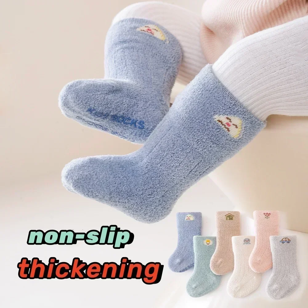 

A-class Coral Velvet Warm Baby Socks for Autumn Winter Thickened Pink Anti-skid Socks for Newborns Blue Boys Girls Toddlersocks
