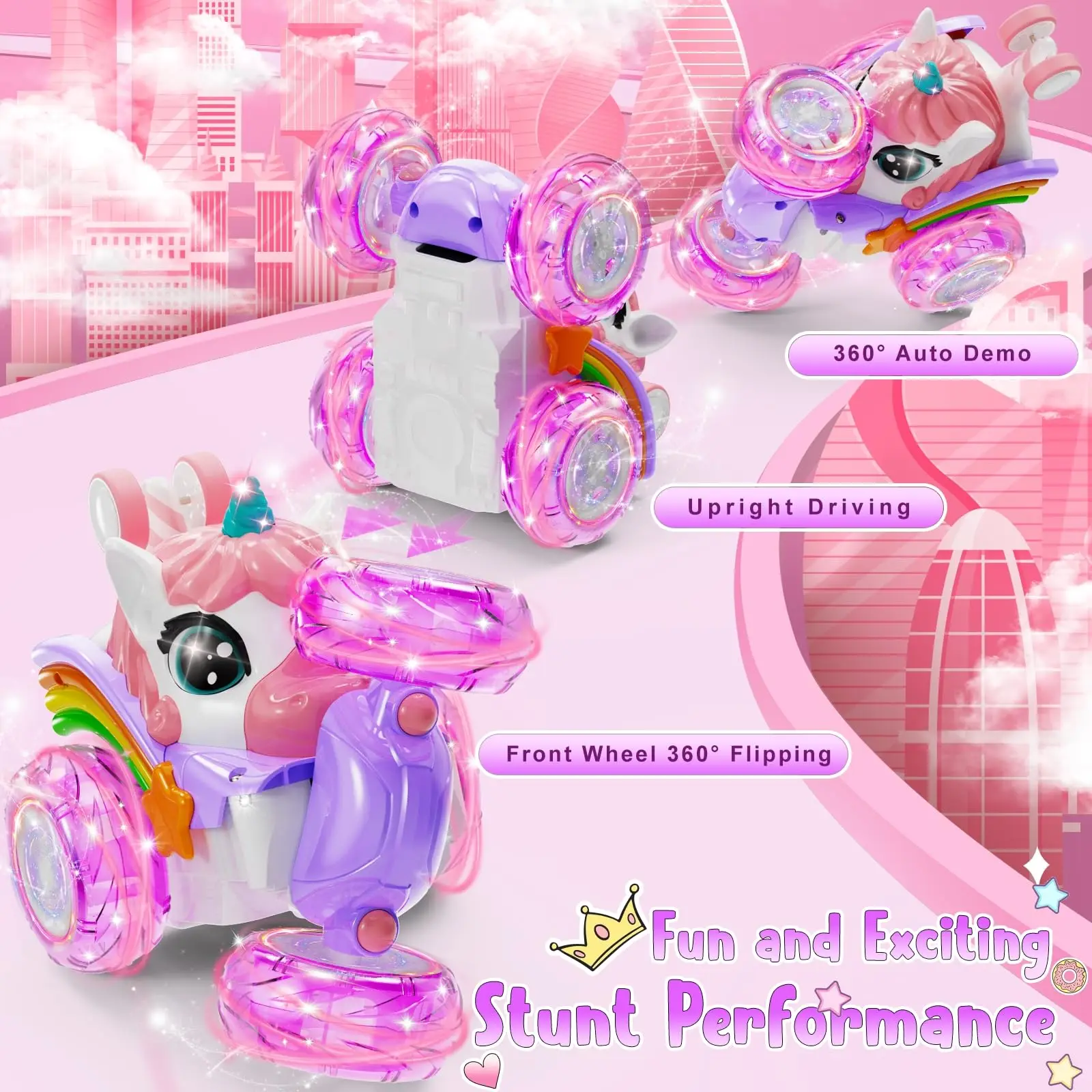 Einhorn-Ferngesteuertes Auto für Mädchen, 360° drehbares 4WD-Stunt-RC-Auto mit niedlichen Lichtern, wiederaufladbares Spielzeug – ideales Geburtstagsgeschenk für Kinder_voghion.com