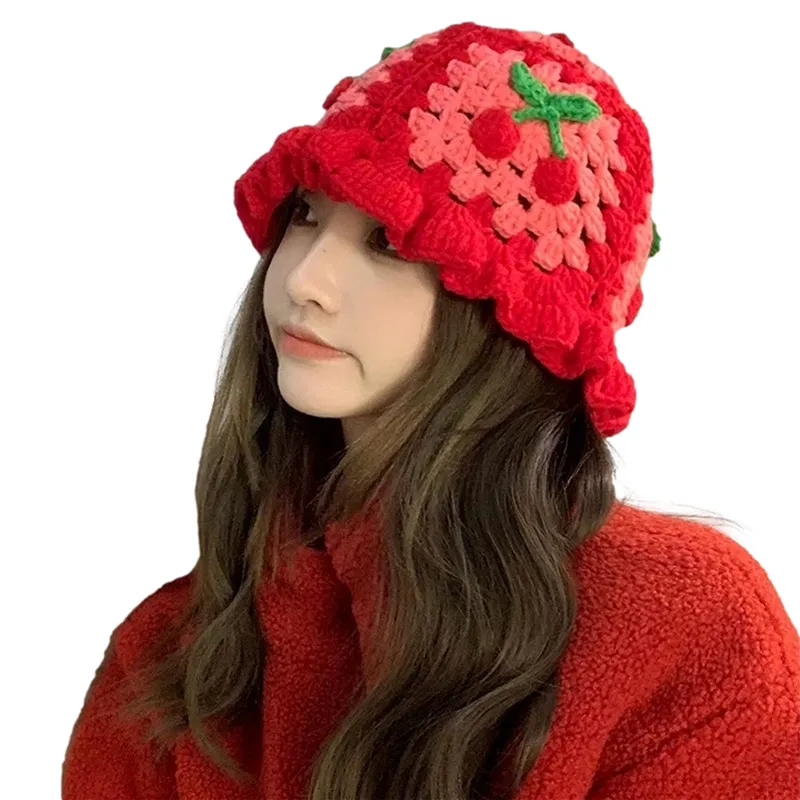 

Women Knitted Fisherman Hat Crochet Bucket Hat Cherry Embroidery Visor Hat for Summer Beach Stylish Fisherman Cap y2k Vintage