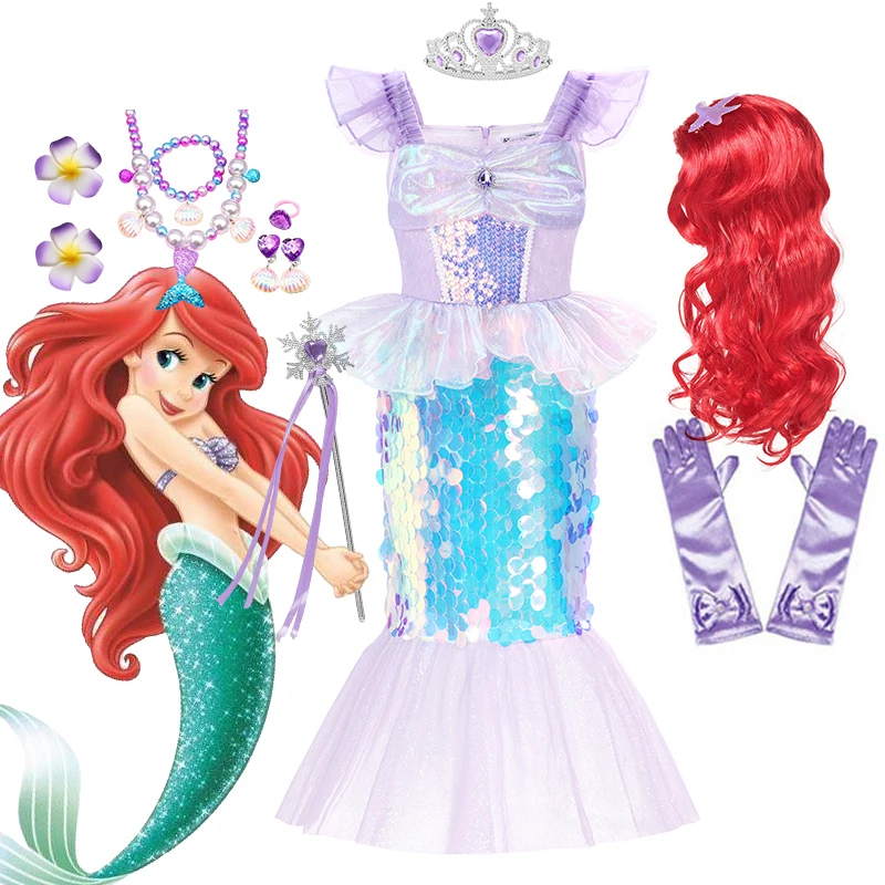 

Disney Little Mermaid Princess for Baby Girl Dress Up Ariel Costume Sequinned Fish Tail Children Birthday Party Cosplay Outfits