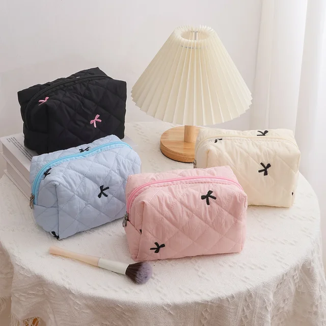 Bow Embroidered Makeup Bag for Women Large Capacity Travel Cosmetic Toiletry Storage Bag