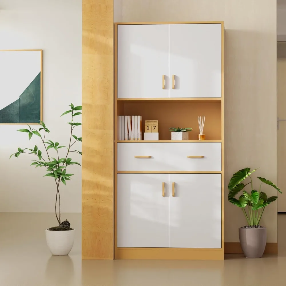 Oak and White Kitchen Pantry Cabinet,70" Tall Kitchen Storage Cabinet with Doors and Drawer, Freestanding Wooden Storage Cabinet 4