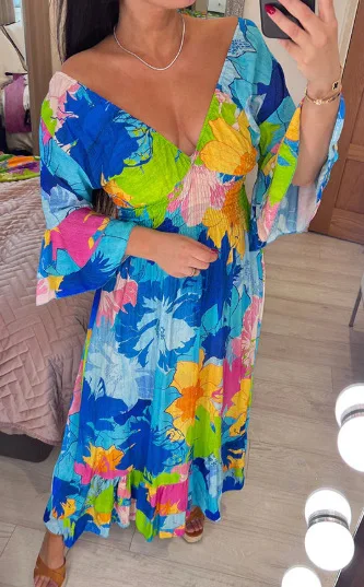 Summer New Women\'s Floral Fashion Long Sleeve Chic Long Dress Elastic Waist Slim Dress Feminine Elegant Midi Dress
