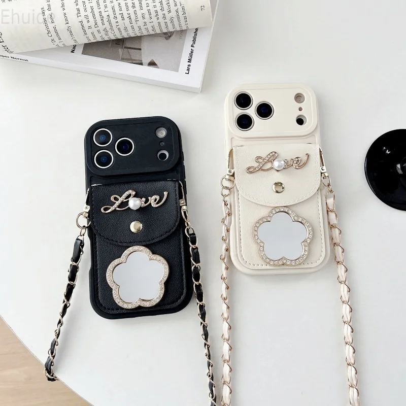 Elegant Mirror Wallet Case with Strap and Card Slot - Crossbody Flower Bag Cover