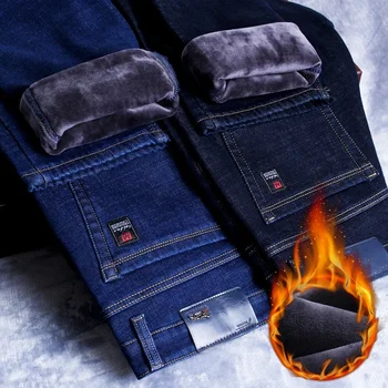 2024 Winter New Men's Fleece Warm Jeans Classic Style Business Casual Thicken Regular Fit Denim Pants Black Blue Brand Trousers 1