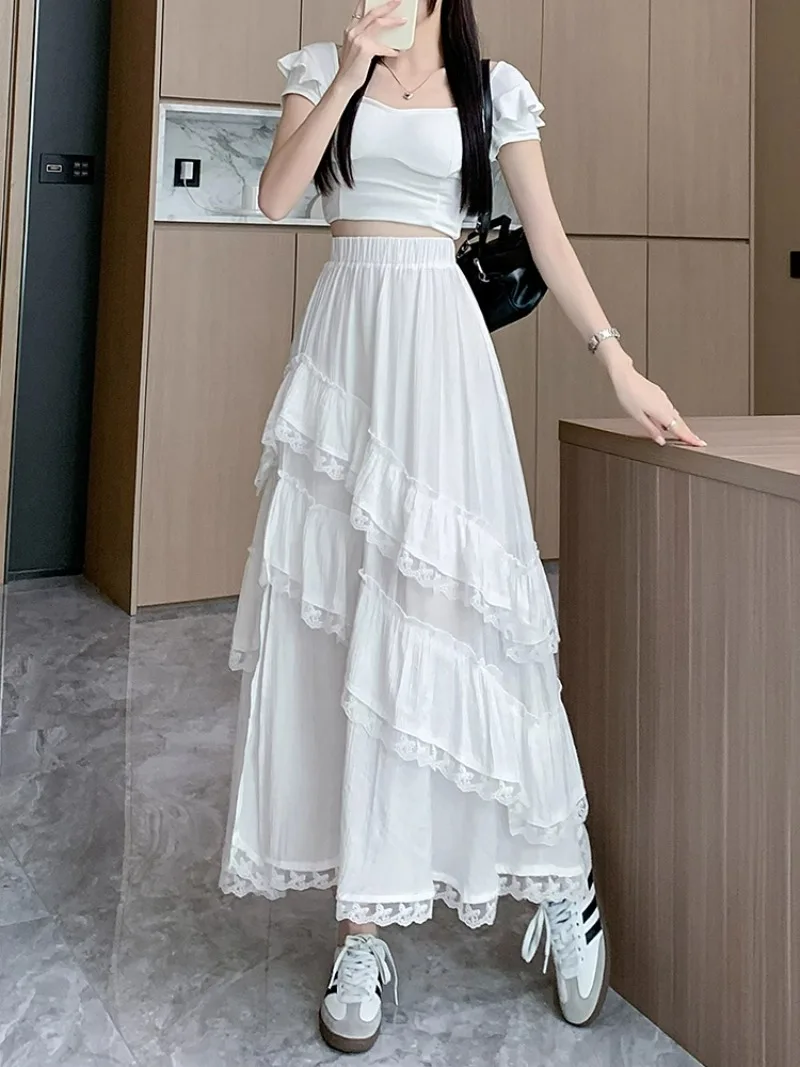 

Summer Elastic High Waist Solid Color Sweet Kawaii Puffy Long Skirt Faldas Mujer Moda 2024 Y2k Lace Patchwork Split Elegant Jupe