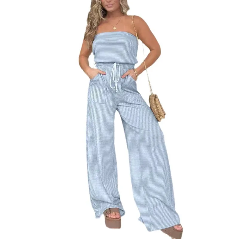 Personalized Street Women's Striped Bandeau Casual Wide Leg Jumpsuit Temperament 2024 Summer Female Fashion High Waist Jumpsuits
