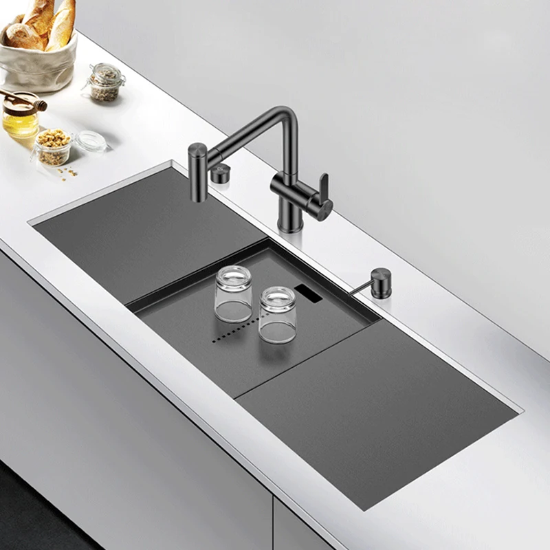 Single Large Size Nanometer Black Three Cover Hidden Kitchen Sink 4mm Thickness Handmade Sinks With Drain Plate Sinks
