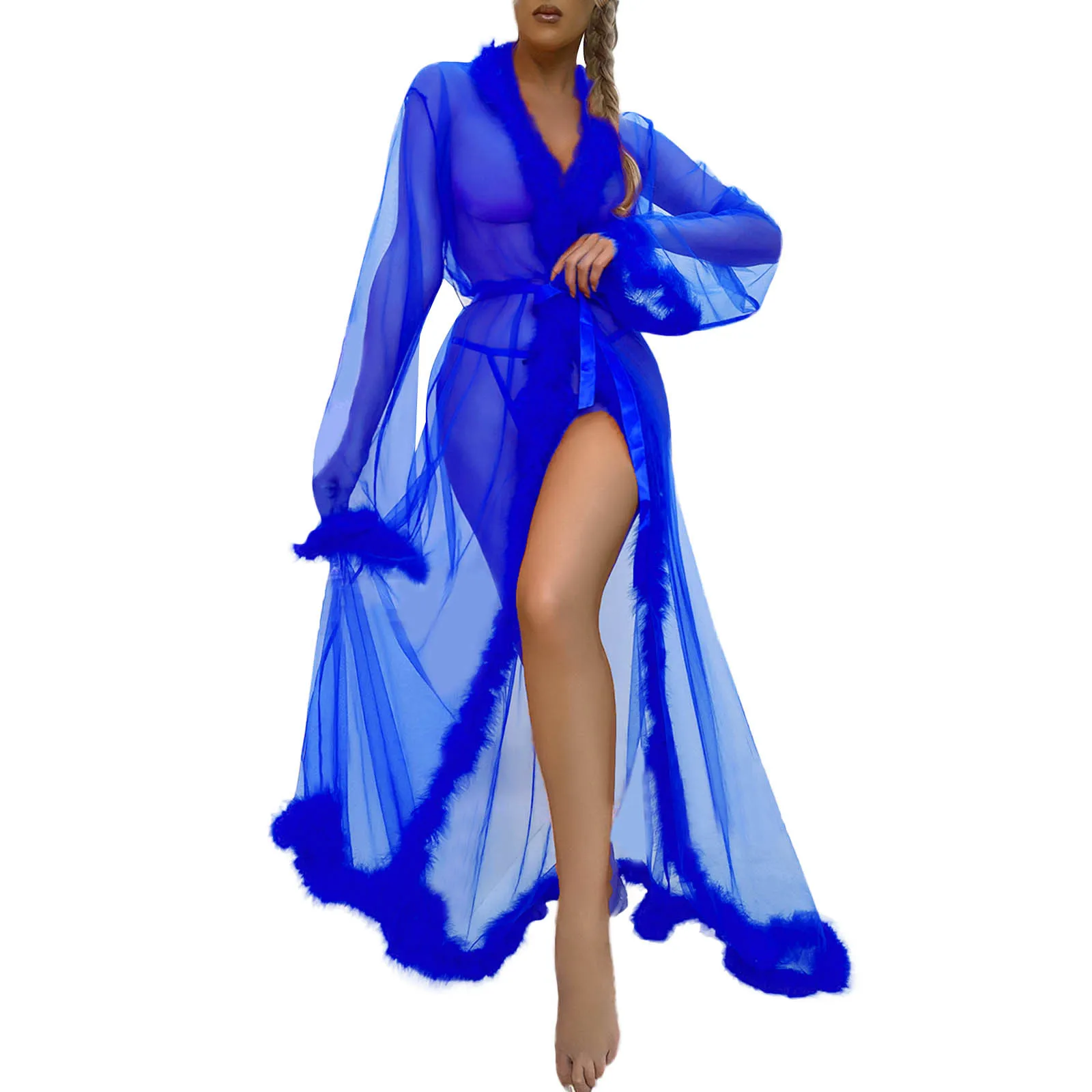 Women Sleepwear Bride Robes Silk Robe Sleepwear Pajamas Mesh Sheer Long Kimono Robe Sexy Women Transparent Lingerie Furry Bathrobe Nightgown Lace Plus Size Bridal Sleepwear Fur Dress
