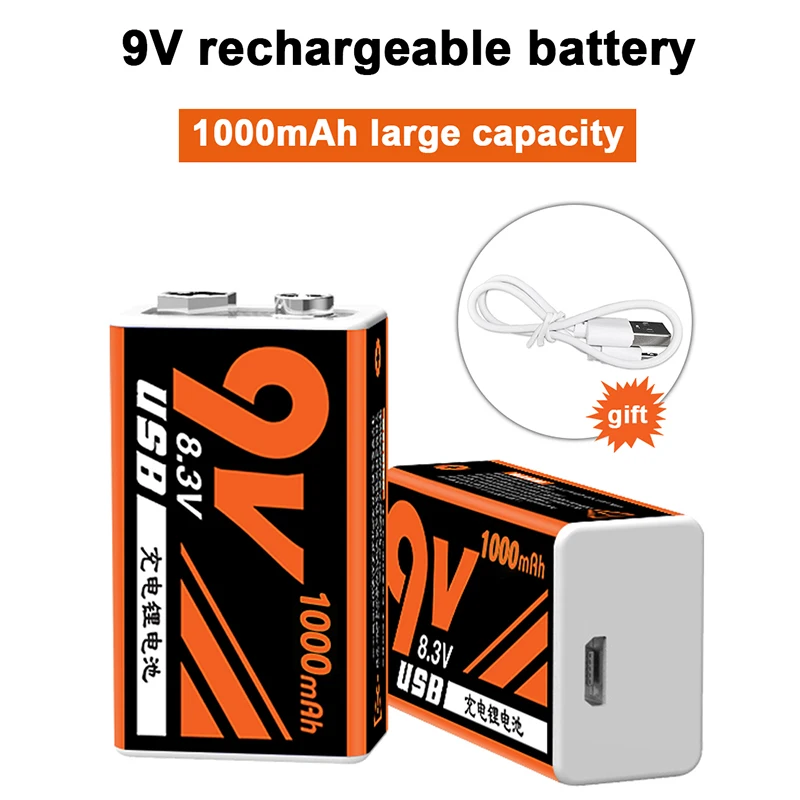 1000mAh Rechargeable 9V Li ion Battery Micro USB Batteries For Metal