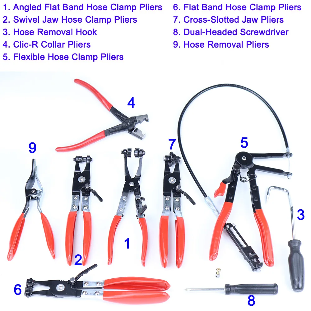 thumbnail image 2 of Specialty Tools For Mechanics Aoibox 9pcs Hose Clamp Pliers Set For Fuel Oil Water Hoses Automotive Long Reach Hose Clamp Remover Kit With Flexible Wire Clic R Type Swivel Jaw Flat Band 2 of 10