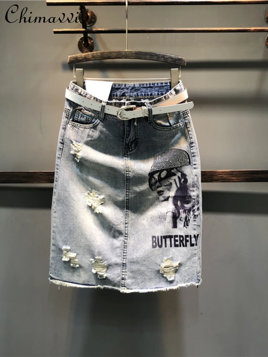 Denim Skirt for Women 2024 New Spring Summer New Streetwear High Waist Slim Skirts A- Line Rhinestone Sheath Mid-Length Skirt