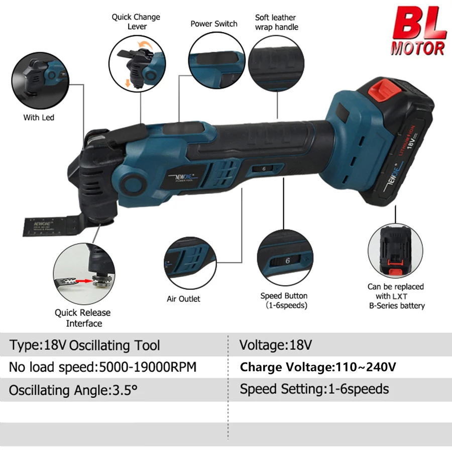 NEWONE 18V Brushless Quick release Oscillating tool Multi functional tool Renovator Electric trimmer Compatible for MAKITA 18V 2